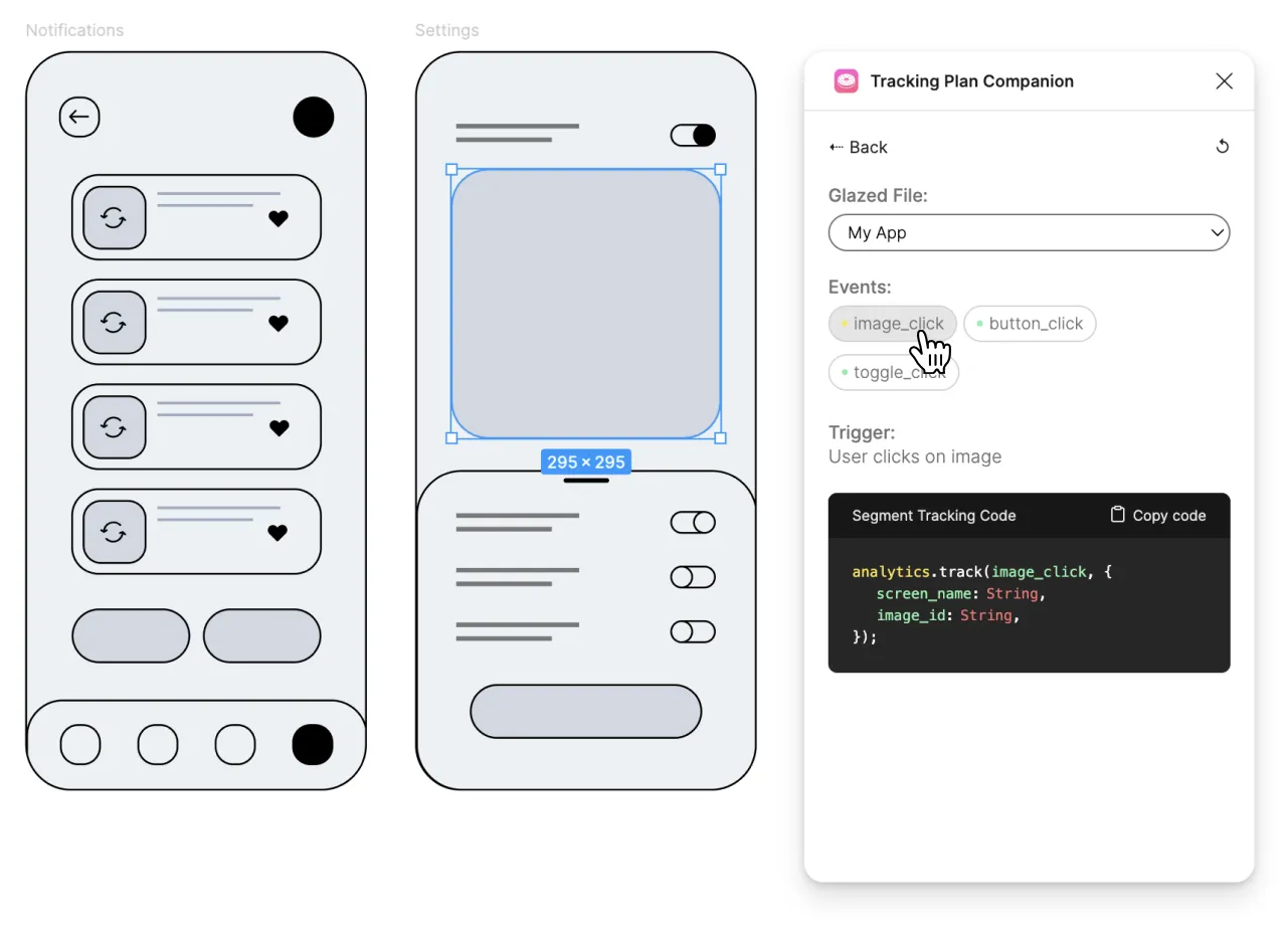 Glazed Analytics Figma plugin interface - Visual event tracking and documentation